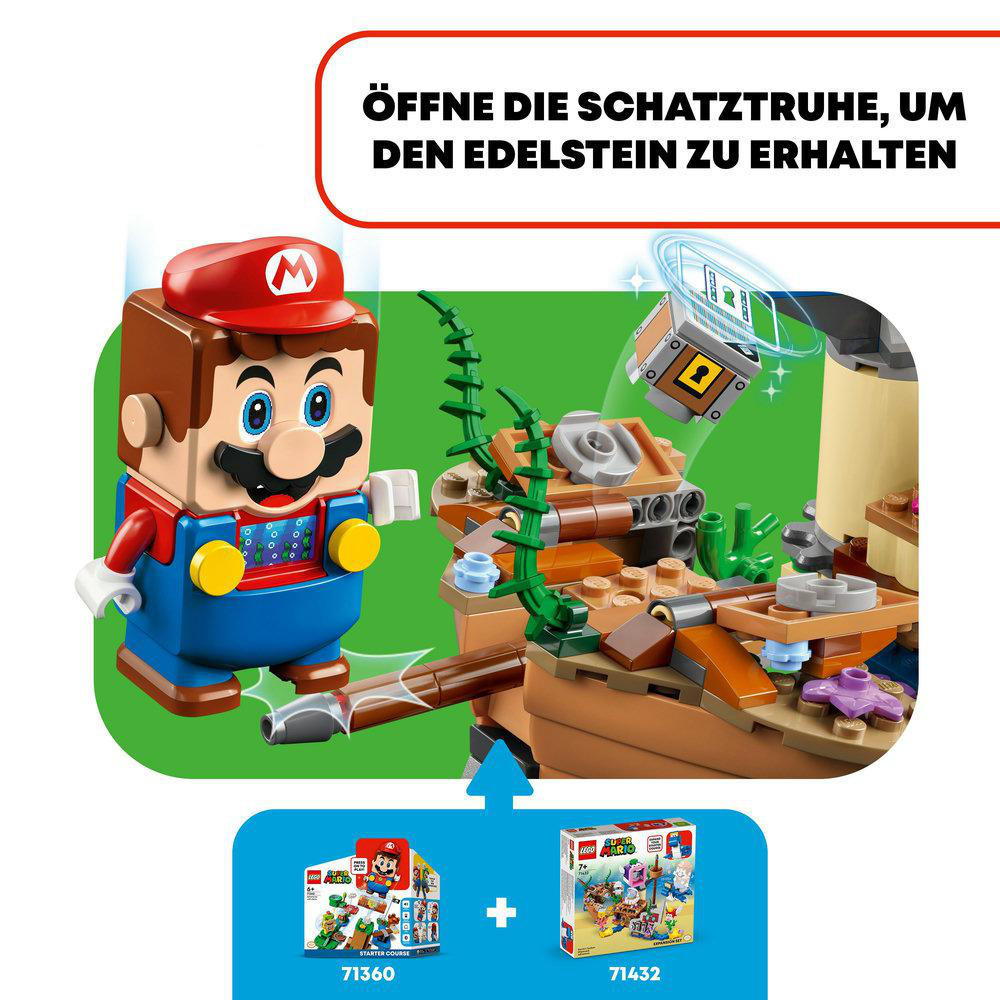 Ein Lego-Set mit einer Mario-Figur und Teilen eines Levels. Der Text lautet: Öffne die Schatztruhe, um den Edelstein zu erhalten.