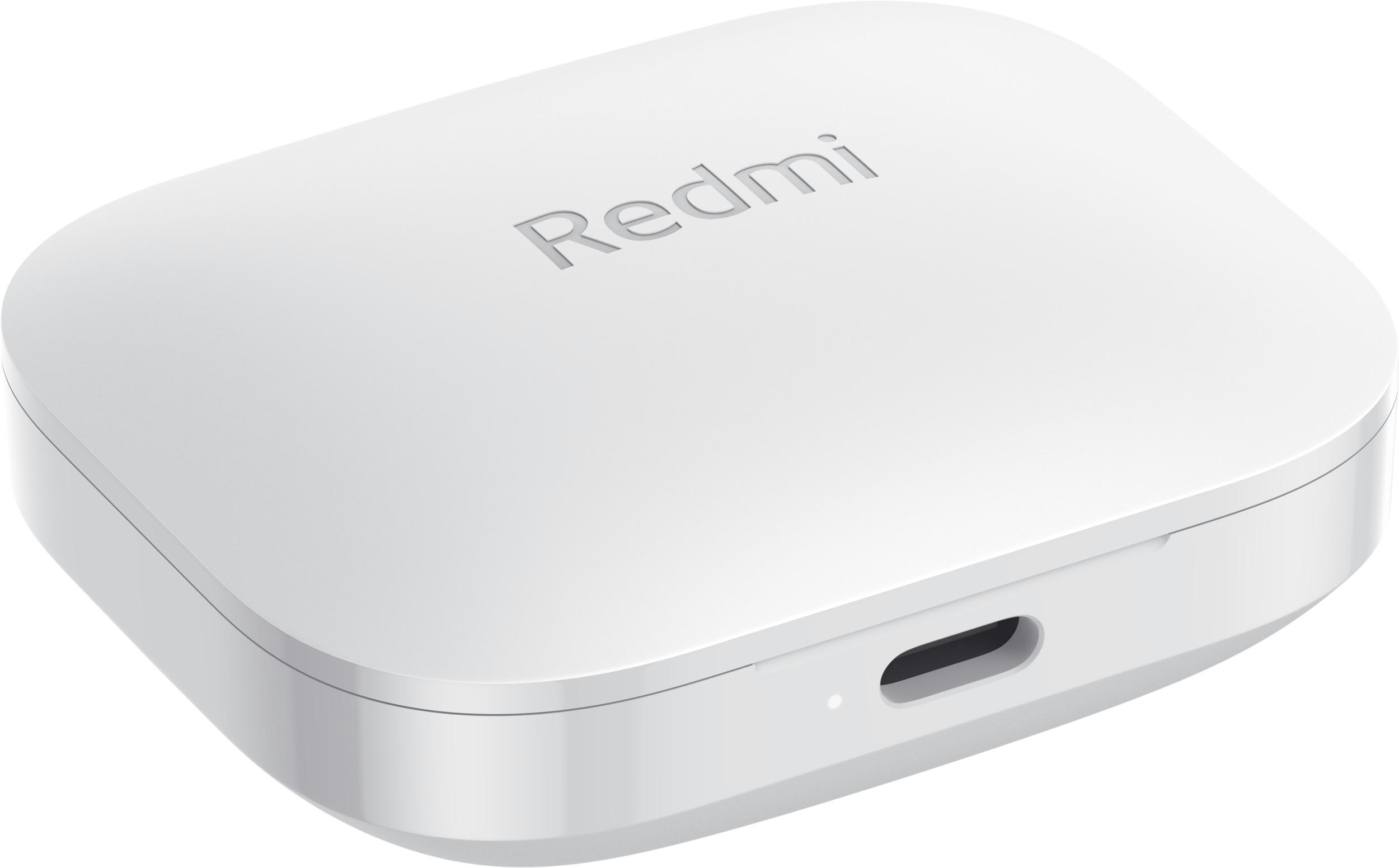 Weiße Redmi-Ohrhörerhülle mit USB-C-Anschluss, Seitenansicht, Redmi-Logo oben.