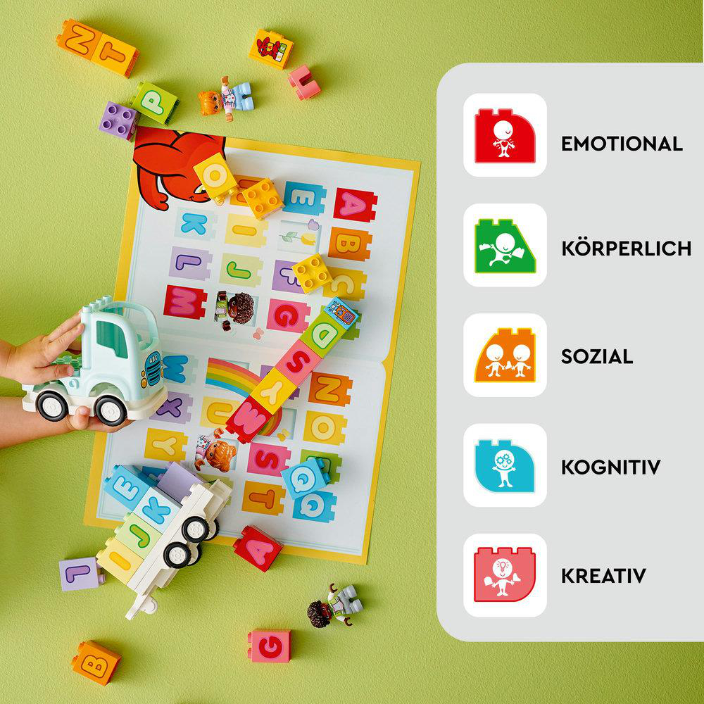 Eine Kinderspielszene mit Bausteinen, einem Spielzeug-LKW und einem Buch mit Lernsymbolen.