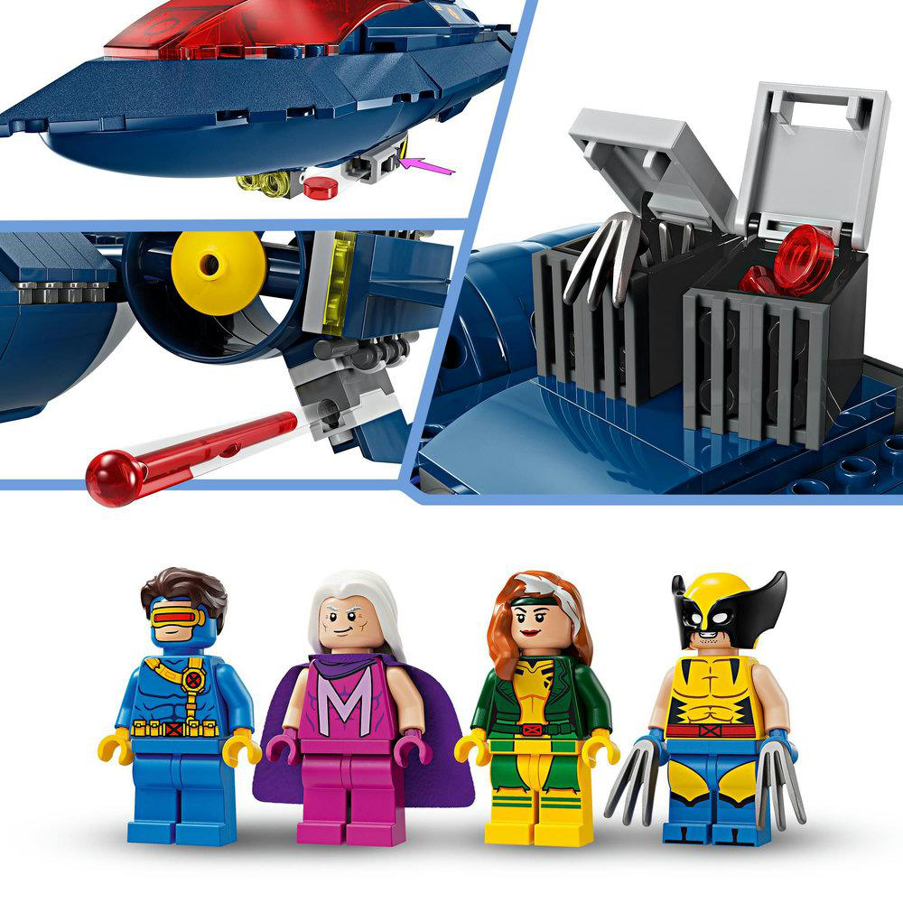 Vier Lego-Figuren. Cyclops, Magneto, Jean Grey und Wolverine. Sie stehen auf weißem Untergrund.