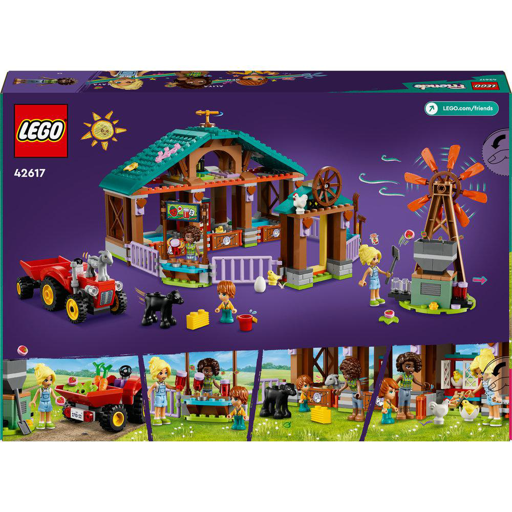 Lego Friends Set: Bauernhofszene mit Gebäuden, Traktor, Figuren und Tieren. Bunte Box mit Logo.