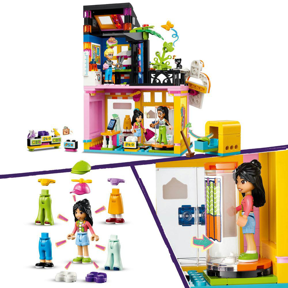 Ein Lego Friends Set mit mehreren Figuren und einem mehrstöckigen Gebäude innen und außen.