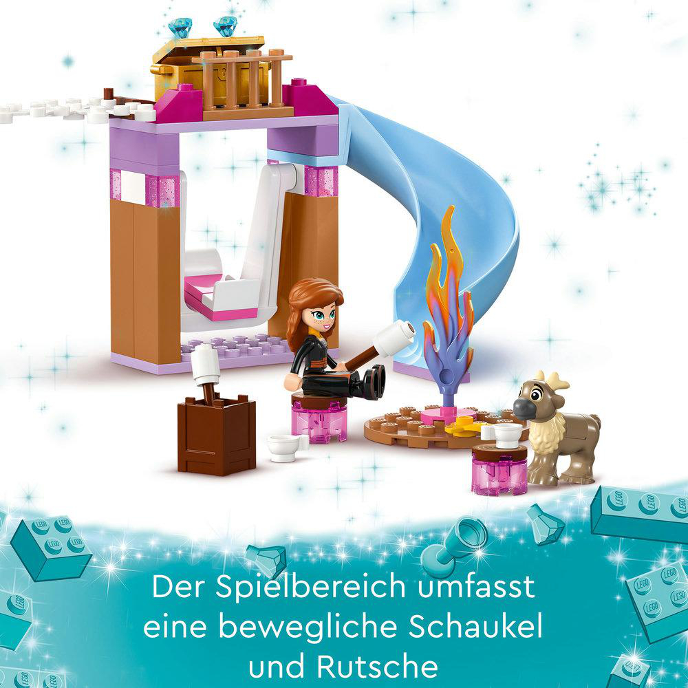 Lego Frozen Set mit Figuren, Rutsche und Schaukel. Der deutsche Text lautet: 'Der Spielbereich umfasst eine Schaukel und Rutsche'.
