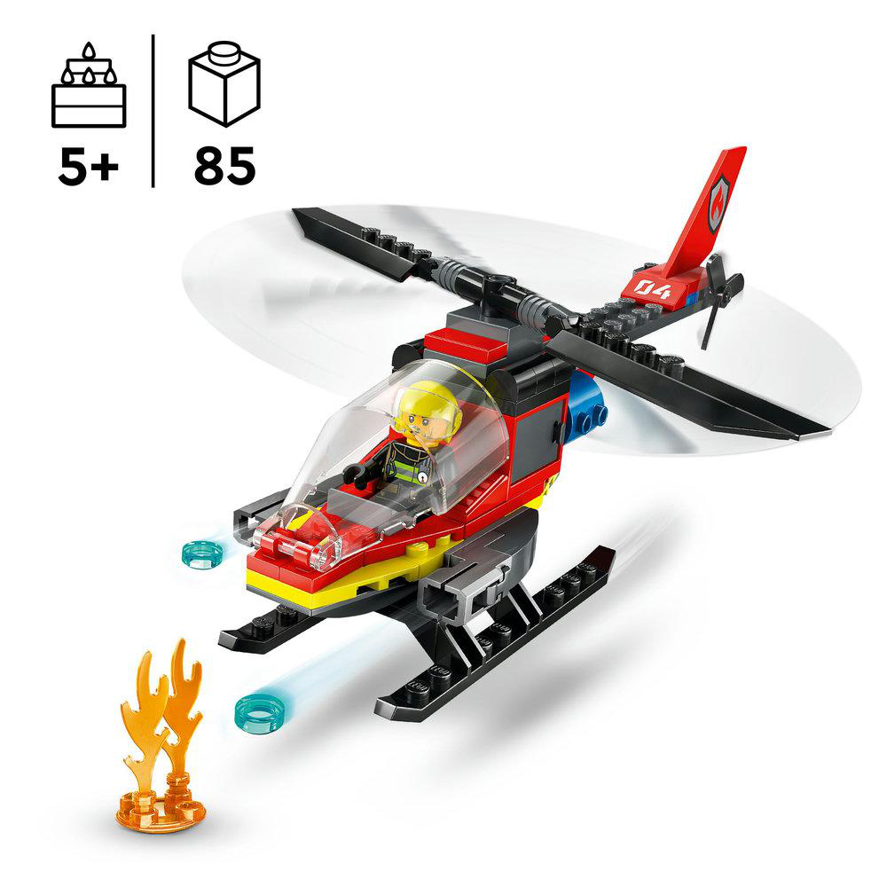 Ein roter und schwarzer Lego-Hubschrauber mit Pilot, Flammen und blauen Lichteffekten.