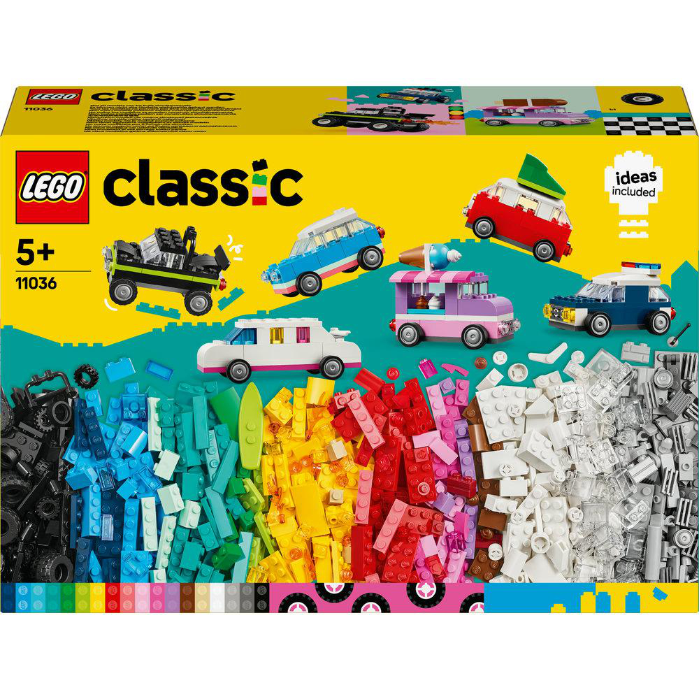 Lego Classic Box mit verschiedenen bunten Lego Autos und Bausteinen.