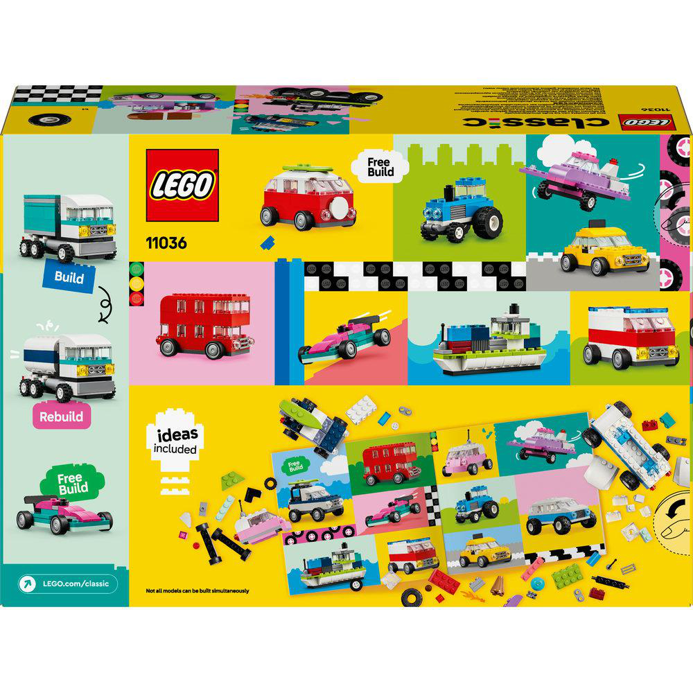 LEGO-Box mit verschiedenen gebauten Modellen, farbenfrohen Designs und Anleitungen.