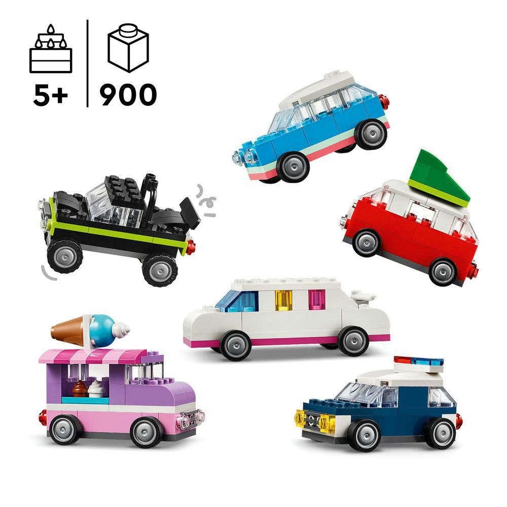 Sechs Lego-Autos. Sie sind in verschiedenen Farben, darunter Schwarz, Blau, Rot, Weiß und Rosa.