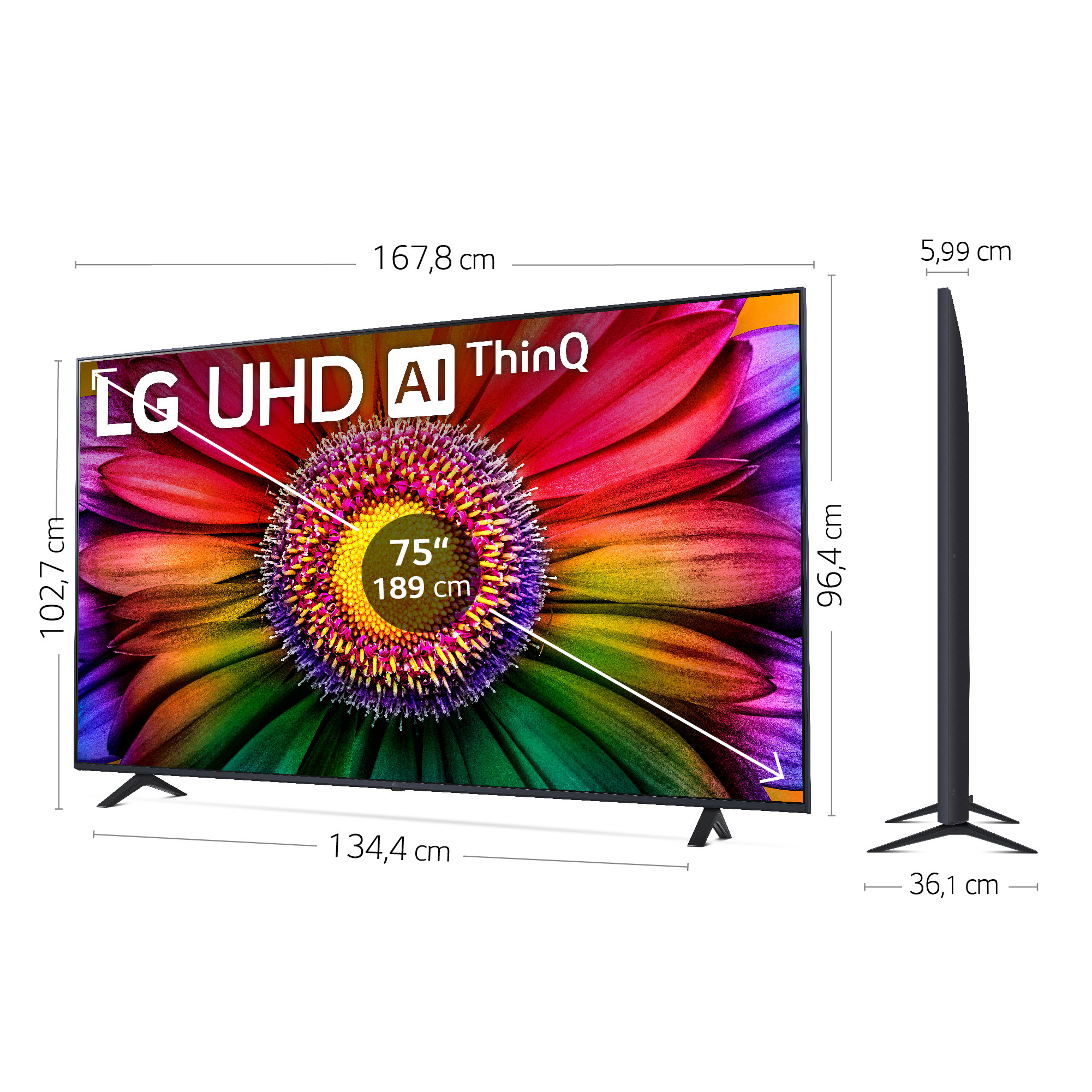 TV LG UHD AI ThinQ con dimensiones. La pantalla muestra una imagen colorida.