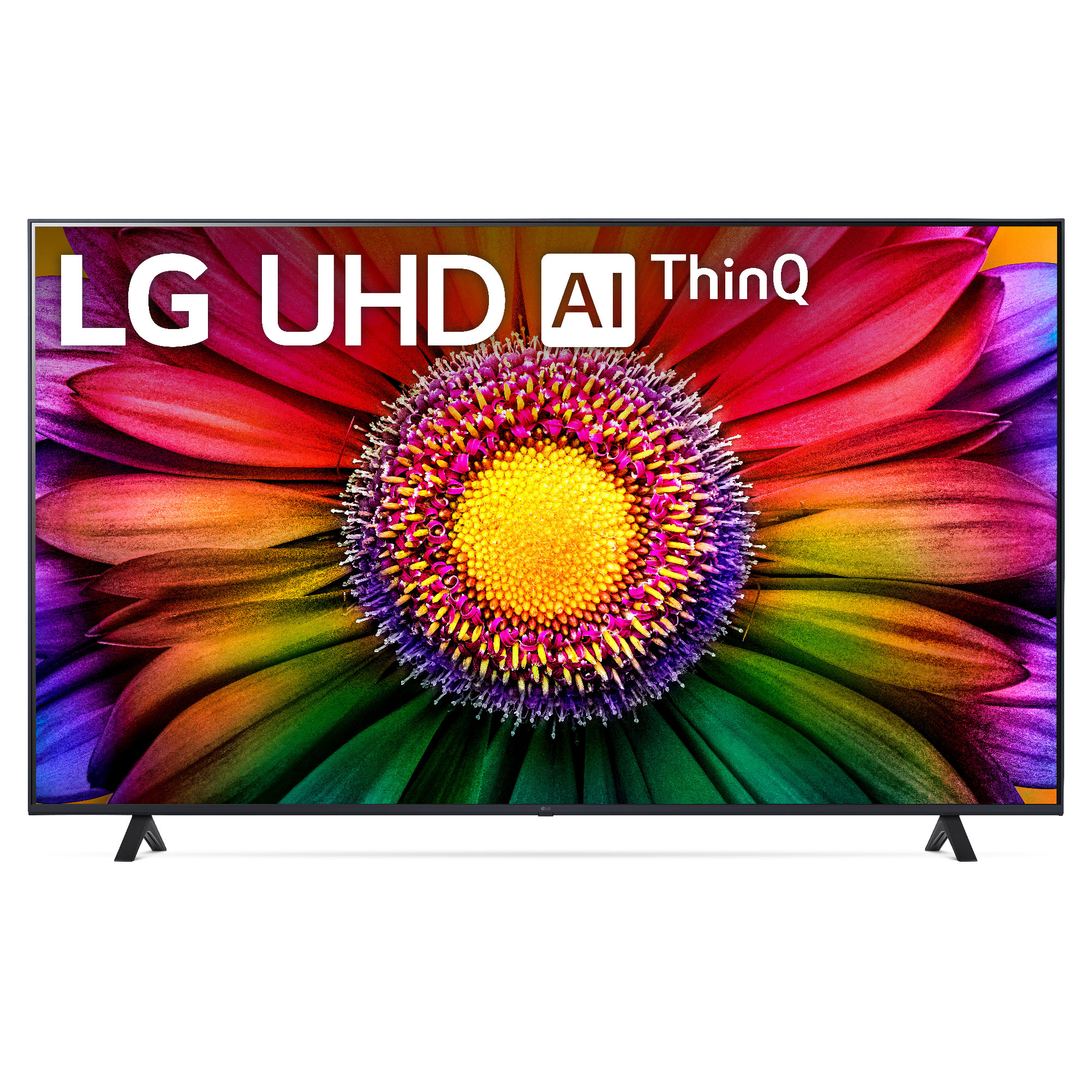 TV LG UHD AI ThinQ, con una imagen colorida en forma de flor en la pantalla.