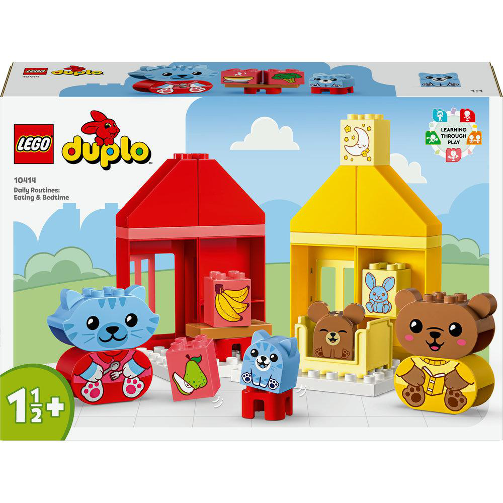 Lego Duplo Box mit Bausteinen und Figuren. Zeigt ein rotes und gelbes Haus und Tiere.