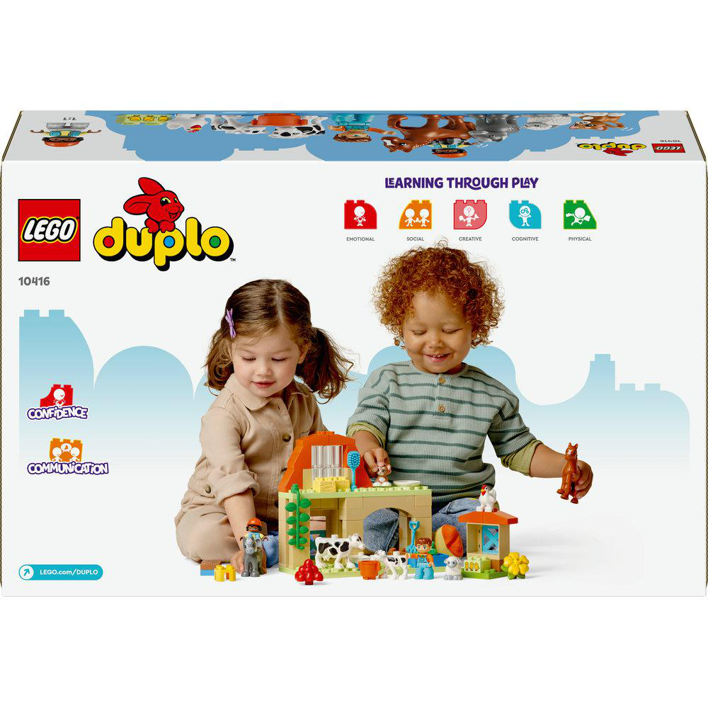 Lego Duplo Set-Box, zwei Kinder spielen mit Hoftieren und einem Stall.