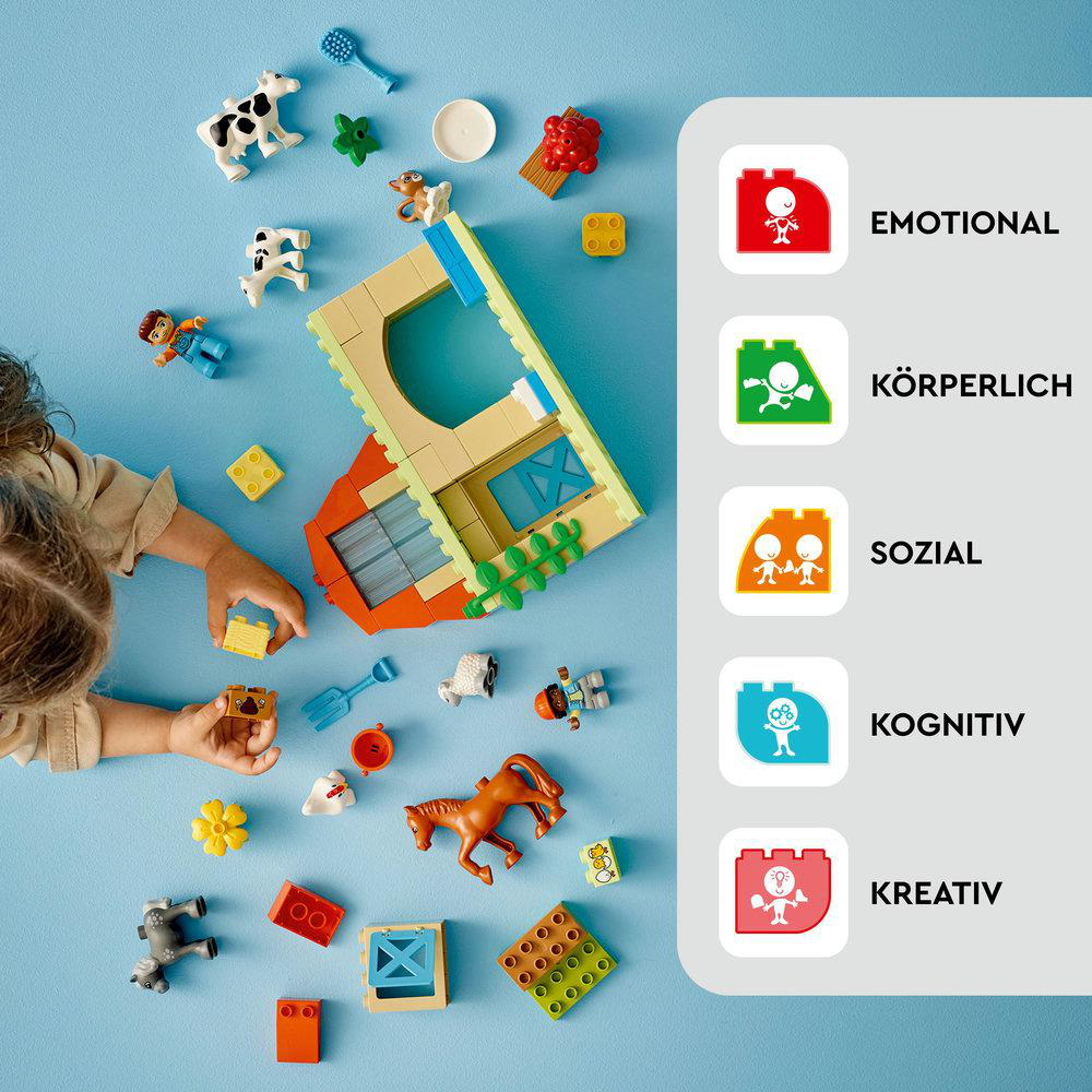Ein Lego Duplo Spielset mit verschiedenen Spielzeugen, mit Etiketten, die verschiedene emotionale Aspekte anzeigen.