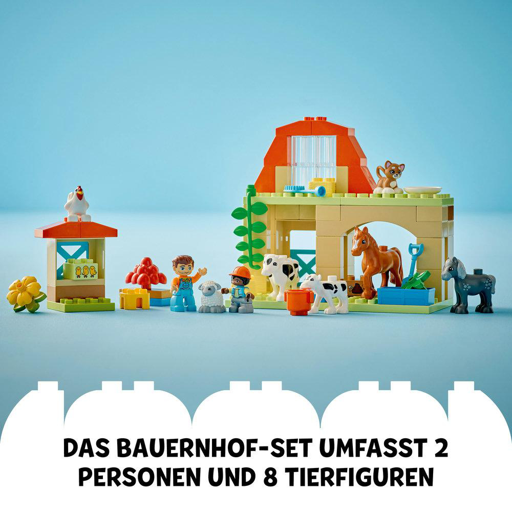 Lego Duplo Bauernhof-Set mit Figuren, Tieren und einem Stall. Enthält einen Hühnerstall, ein Pferd und eine Kuh.