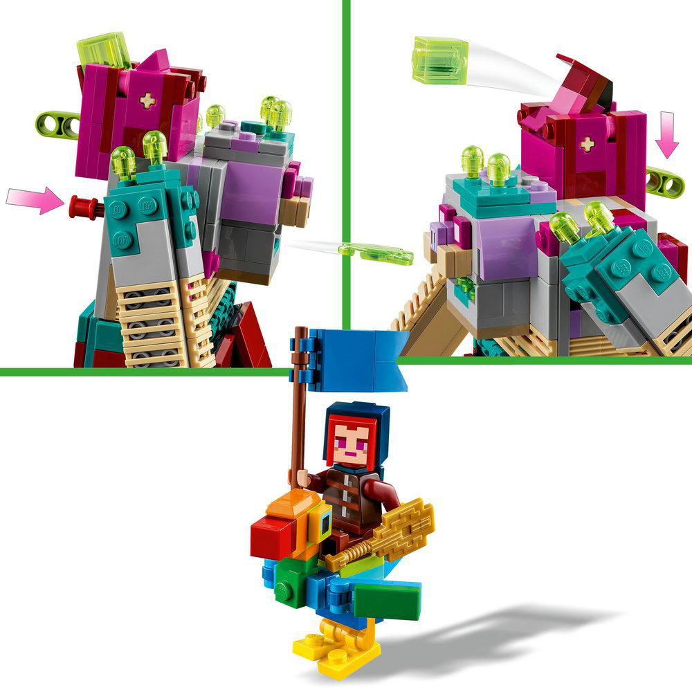 LEGO Minecraft Set mit einer Figur, die auf einer bunten, papageienartigen Kreatur reitet, und Roboterfiguren.