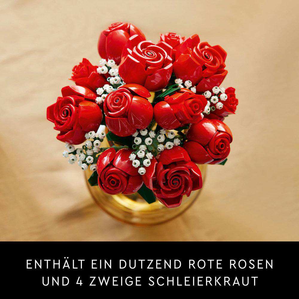 LEGO rote Rosen in goldener Vase. Text: Enthält ein Dutzend rote Rosen und 4 Schleierkraut.