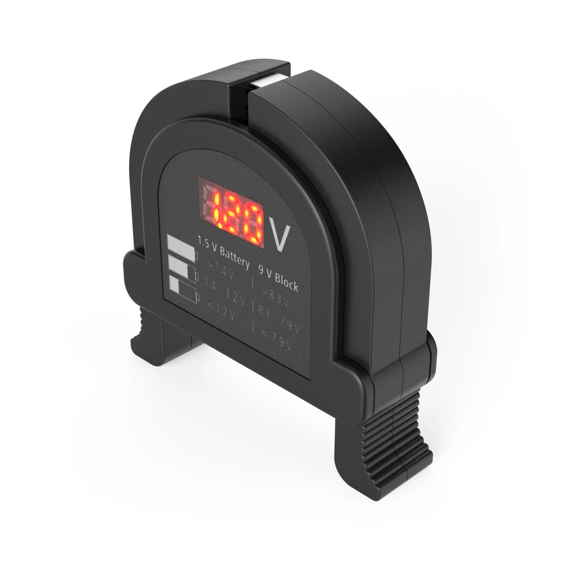 Schwarzes elektronisches Gerät mit Anzeige von 18,0 V. Es hat einen 9-V-Block und andere Spannungswerte.