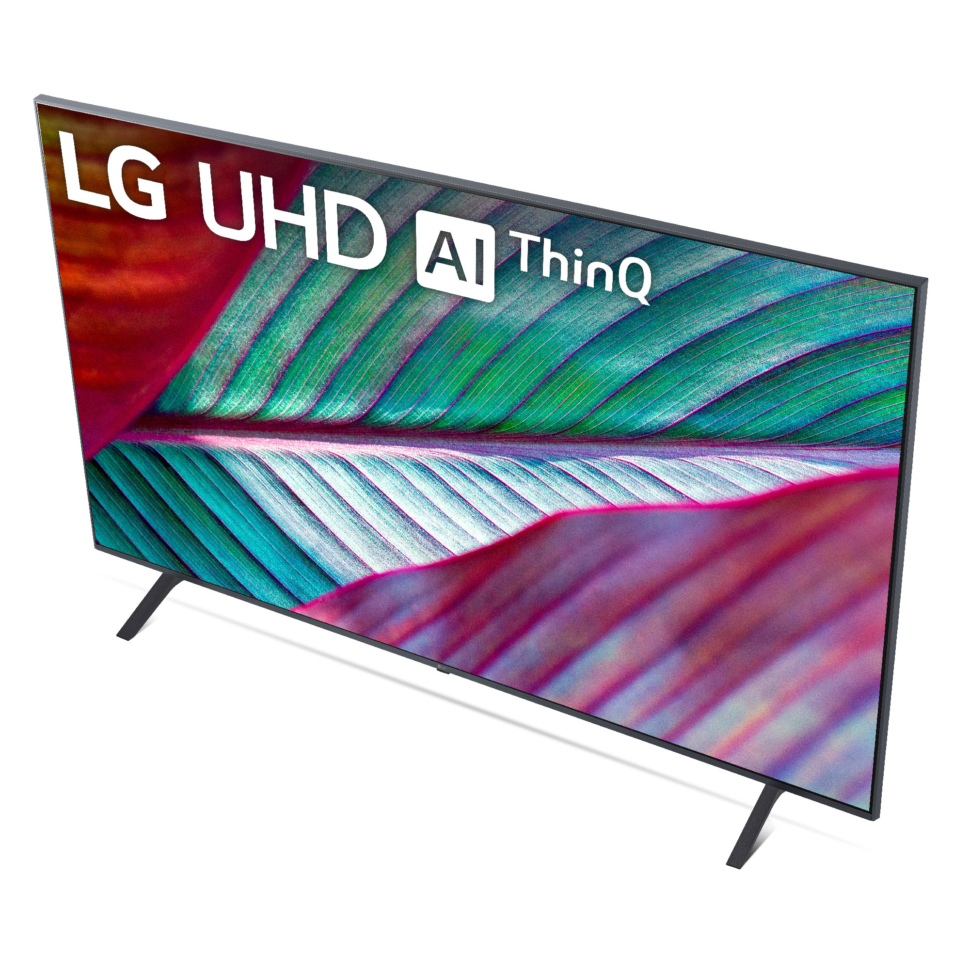 TV LG UHD. La pantalla tiene un diseño colorido. El televisor está sobre dos patas anguladas.