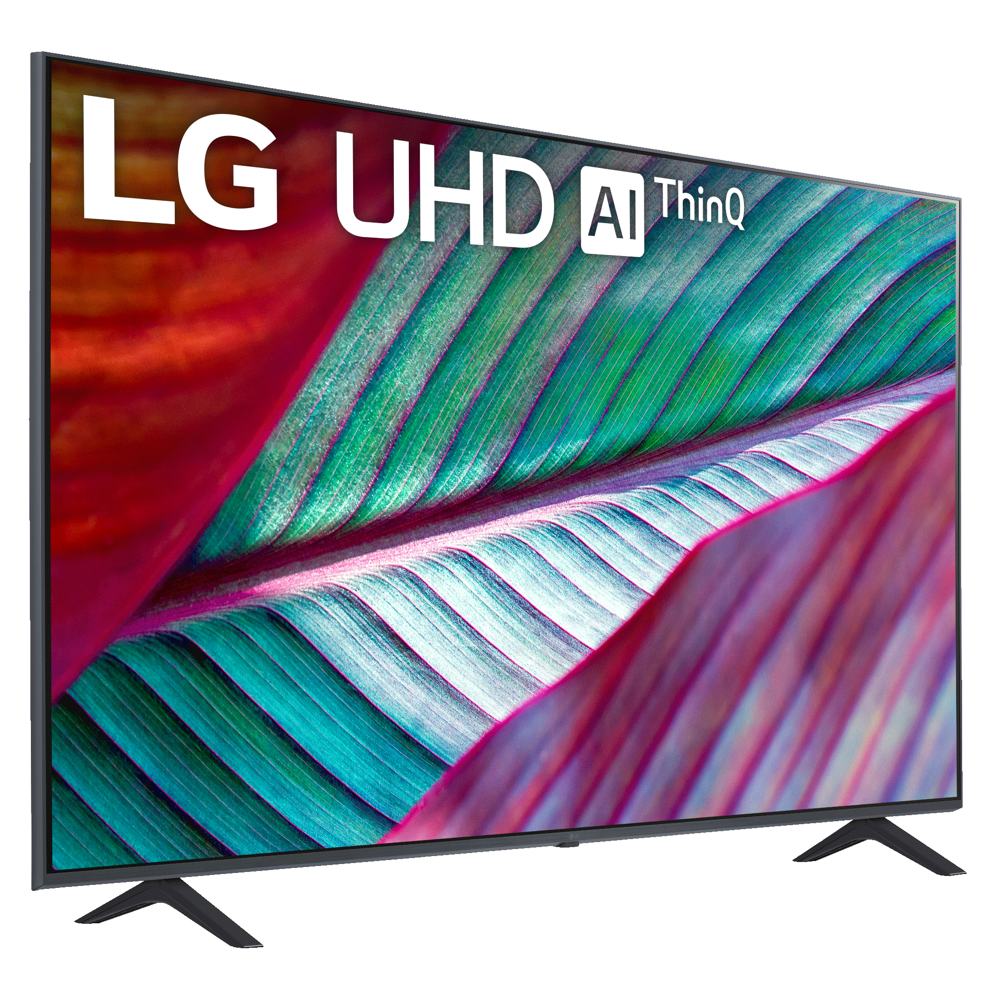 TV LG UHD AI ThinQ mostrando arte abstracto. La pantalla está inclinada hacia el espectador.
