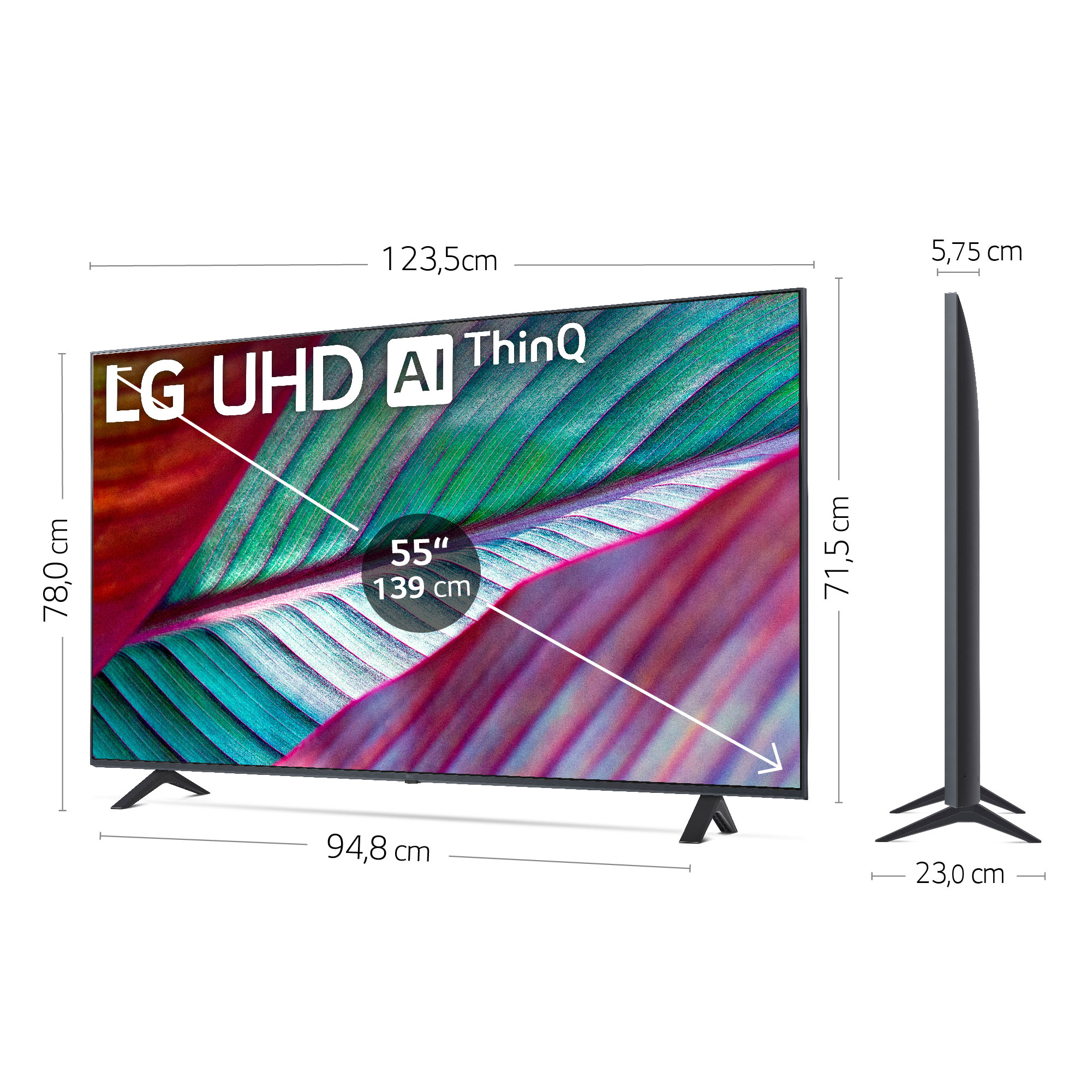 Televisor LG UHD AI ThinQ de 55 pulgadas, que muestra dimensiones y una imagen vibrante de hojas verdes.