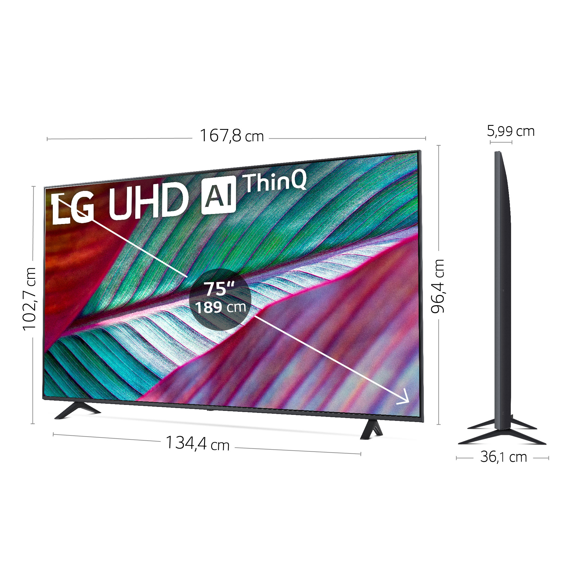 Televisor LG de 75 pulgadas con dimensiones, marco delgado y soporte negro. Fondo blanco.