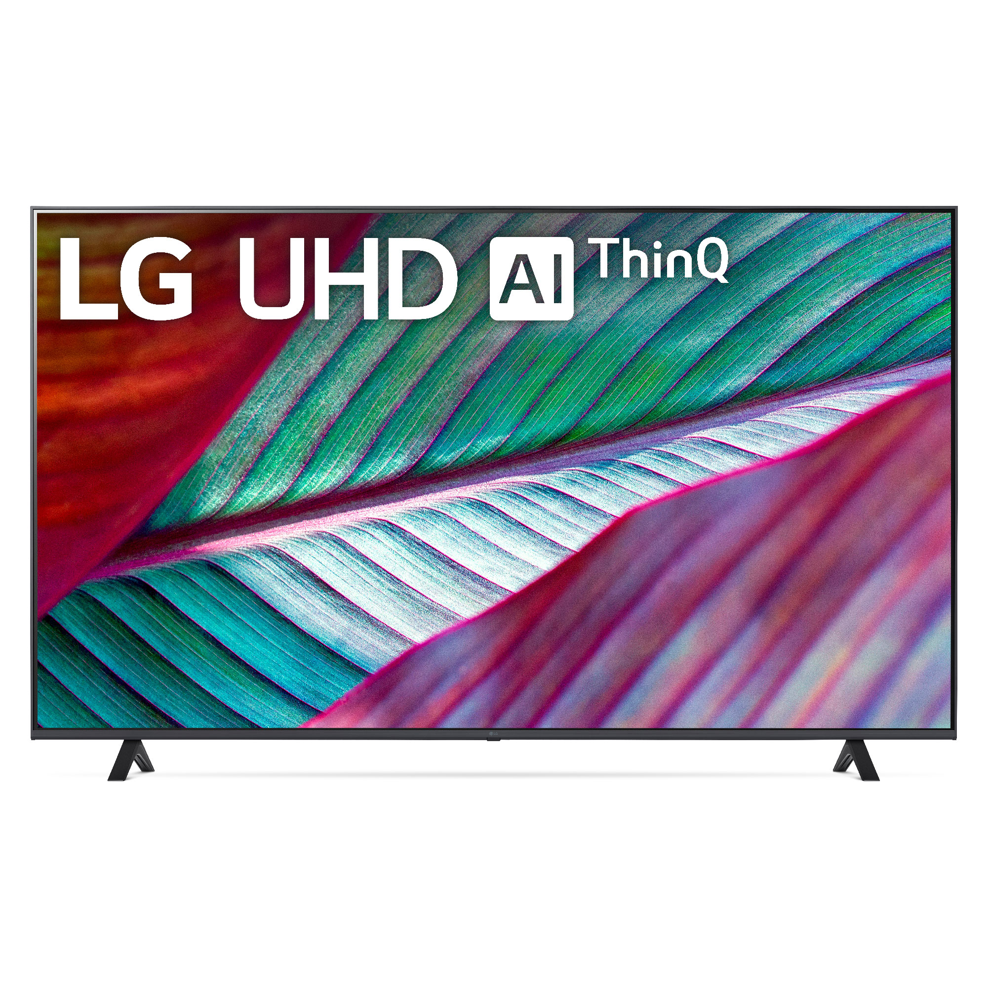 TV LG UHD AI ThinQ con pantalla abstracta colorida. El televisor está en un soporte negro.