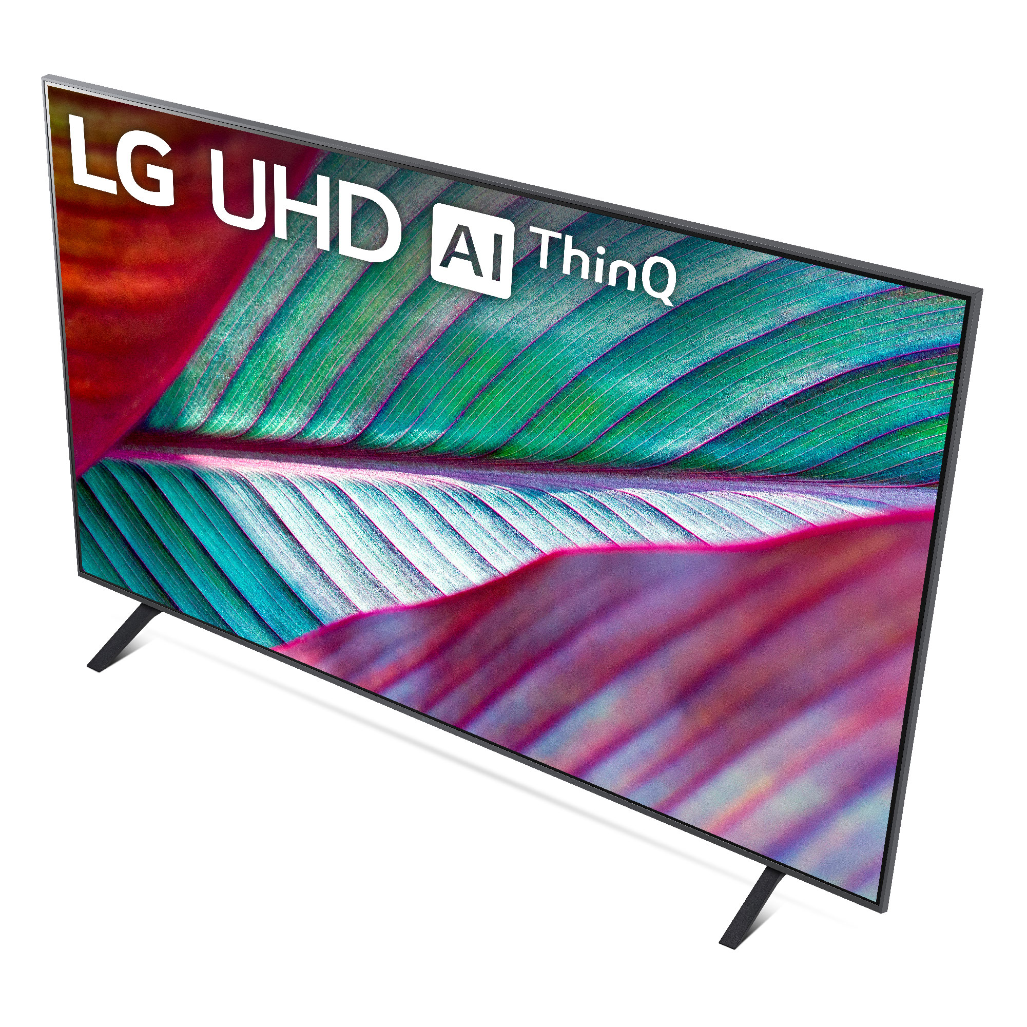 Un televisor LG UHD AI ThinQ grande, con un patrón colorido en forma de hoja en la pantalla.