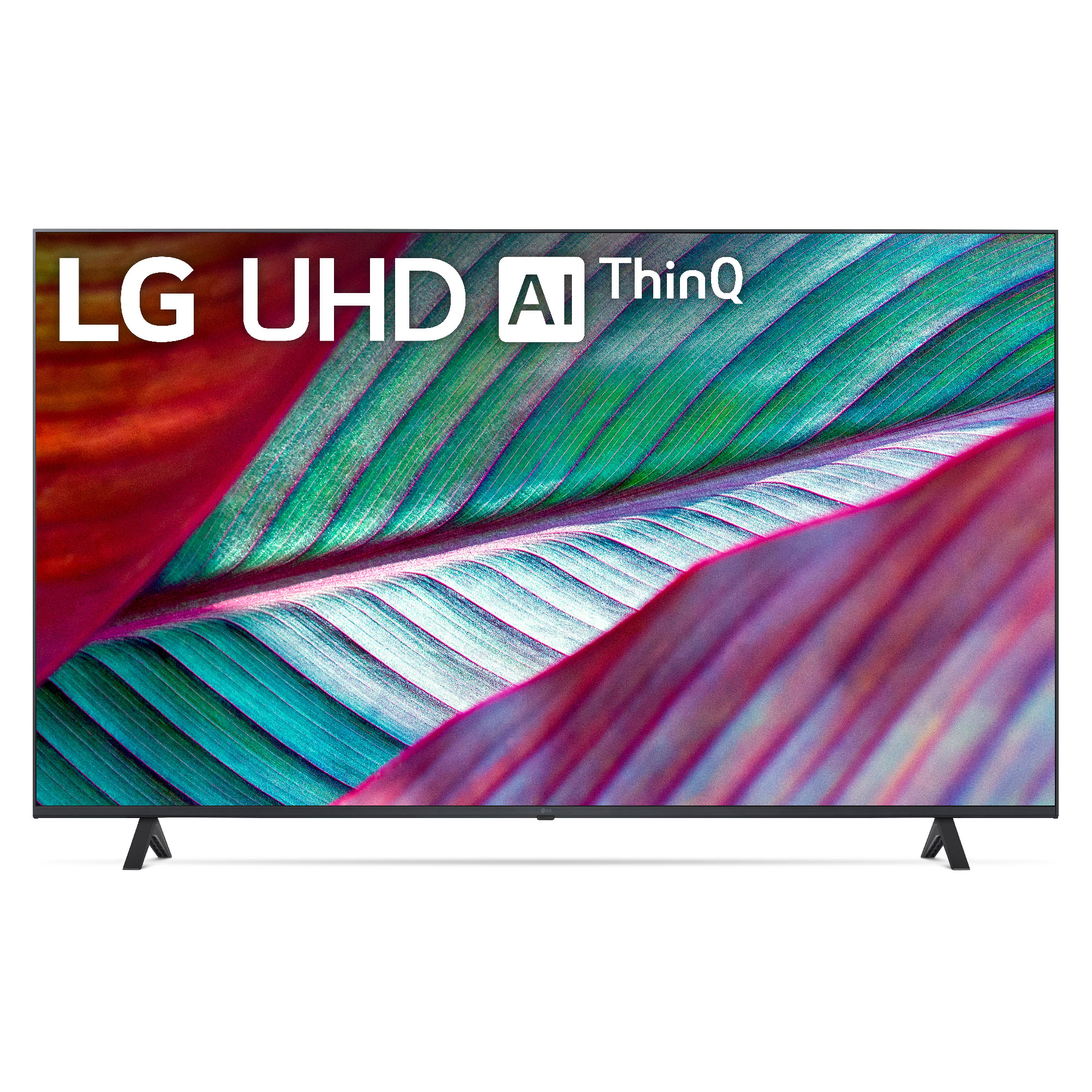 Un televisor LG UHD AI ThinQ de pantalla plana sobre un fondo blanco. La pantalla muestra un patrón abstracto colorido.