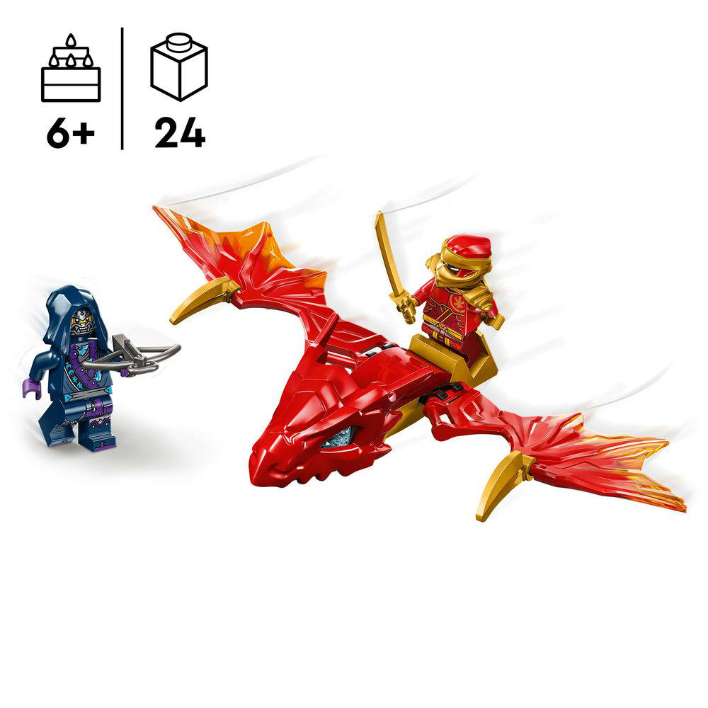 Ein LEGO Ninjago-Set mit Figuren eines Ninjas auf einem roten Drachen und einer weiteren Ninja-Figur.
