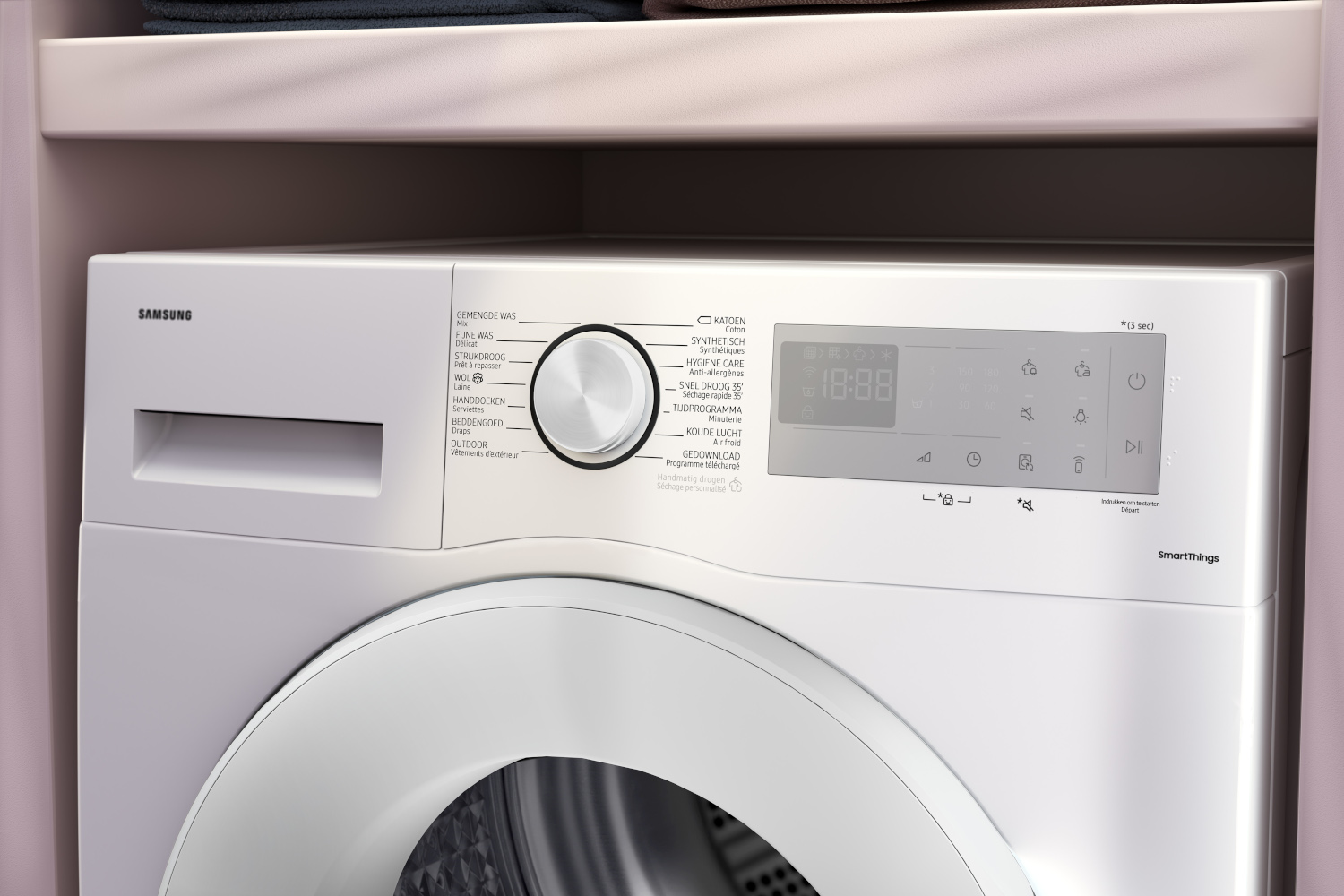 Wit bedieningspaneel van de Samsung wasmachine. Heeft een draaiknop en digitaal display. Witte achtergrond.