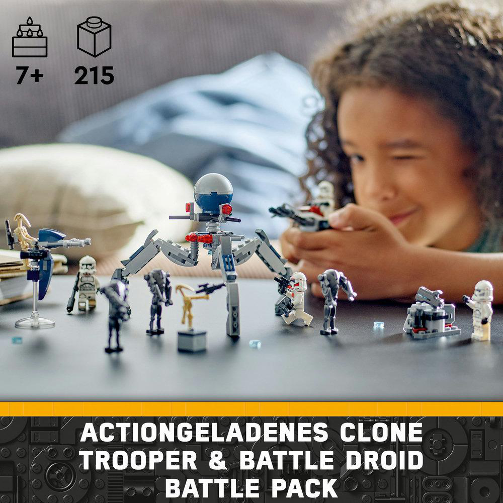 Lego-Set mit Clone Troopers, Kampfdroiden und einem Kind, das die Szene betrachtet.