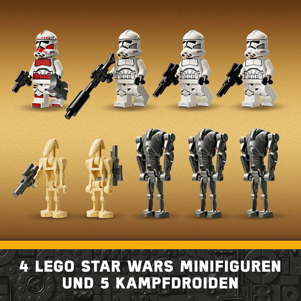 Eine Sammlung von Lego Star Wars Minifiguren und Kampfdroiden.