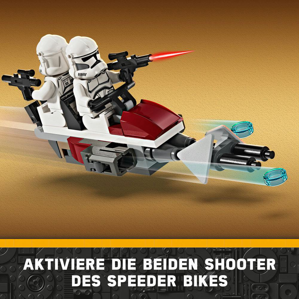 Lego Star Wars Set mit zwei Sturmtruppen auf einem Speeder Bike, das Laser abfeuert.