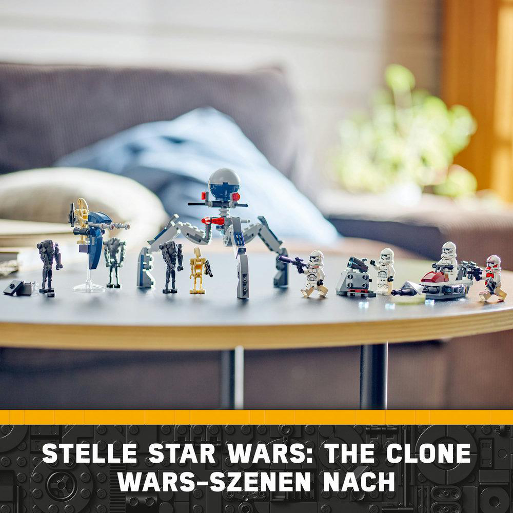 Ein LEGO Star Wars Diorama steht auf einem Tisch. Die Szene zeigt verschiedene Charaktere und Fahrzeuge.
