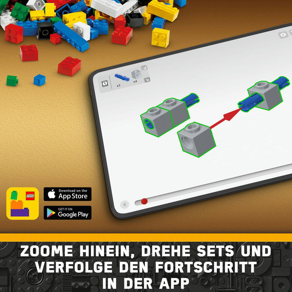 Ein Tablet mit einer Lego-App. Anweisungen zum Bauen von Lego sind auf dem Bildschirm.