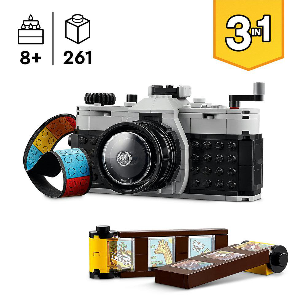 Lego Set mit Spielzeugkamera und Filmrolle sowie zusätzlichen Bildern der Kamera und des Films.