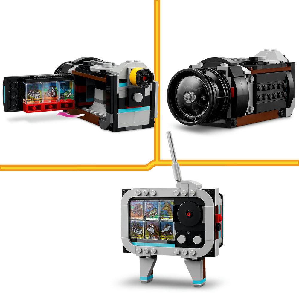 Ein LEGO Kamera-Set mit Kamera und Fernseher, mit verschiedenen Ansichten.