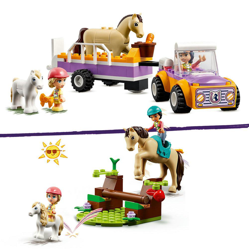 Lego Friends Set mit Pferden, einem Auto und Figuren in einer Spielumgebung.