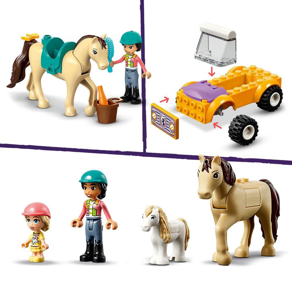 LEGO Friends Set. Zeigt ein Pferd, einen Wagen, Figuren und weiteres Zubehör. Gelbe, rosa und blaue Farben.