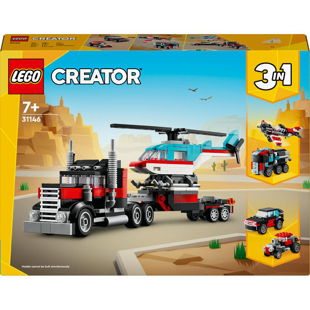 LEGO Creator Set. Zeigt einen Truck, einen Hubschrauber, ein Auto und ein Flugzeug. Box ist grün und enthält Text.