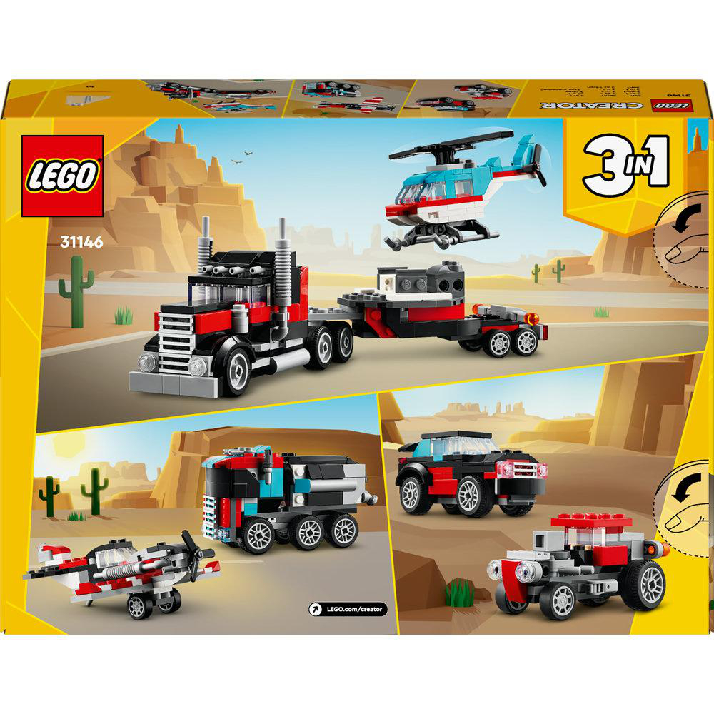 Schachtelkunst eines Lego Creator Sets. Zeigt einen LKW, Hubschrauber und andere Fahrzeuge.