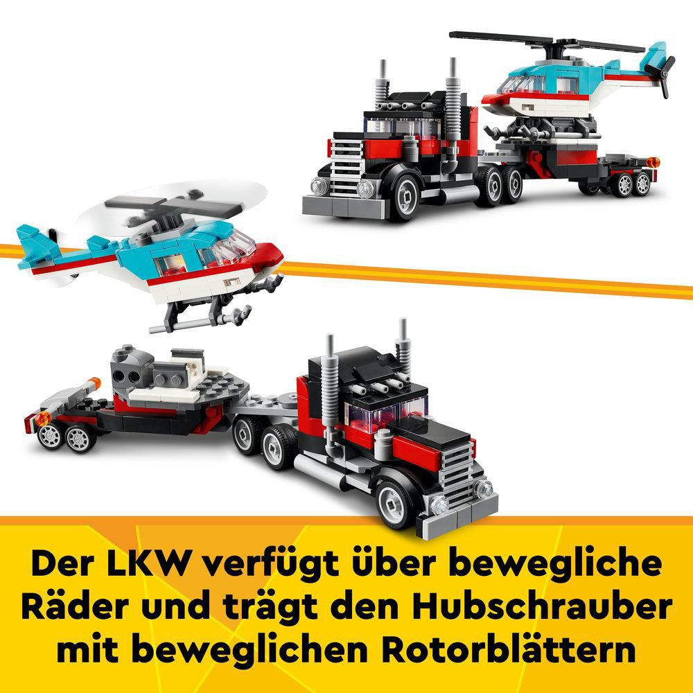 Lego-LKW mit Helikopter auf dem Rücken und einem weiteren Helikopter im Hintergrund.