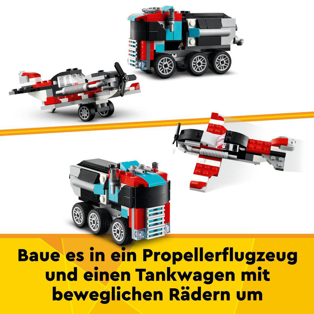 Lego Set mit Flugzeug- und LKW-Modellen, die umgebaut werden können.