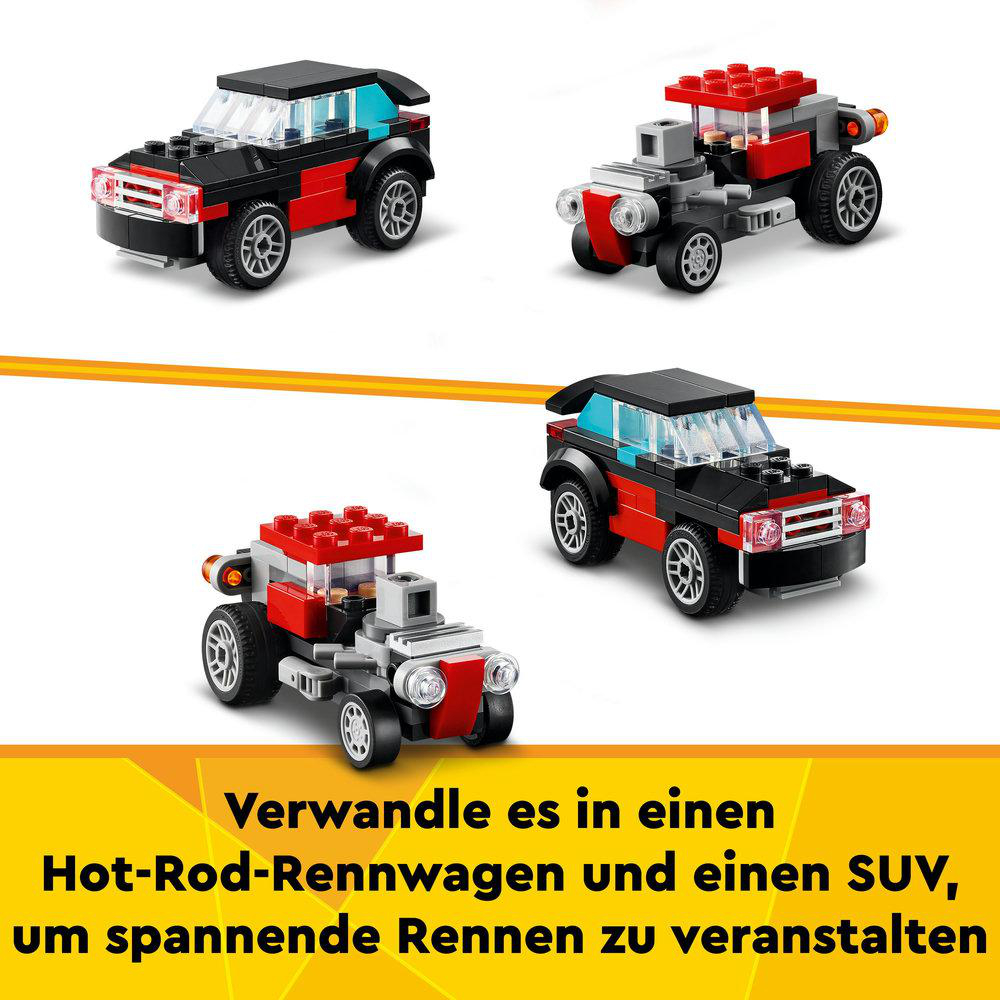 Vier Lego-Autos: zwei schwarz-rot und zwei grau-rot.