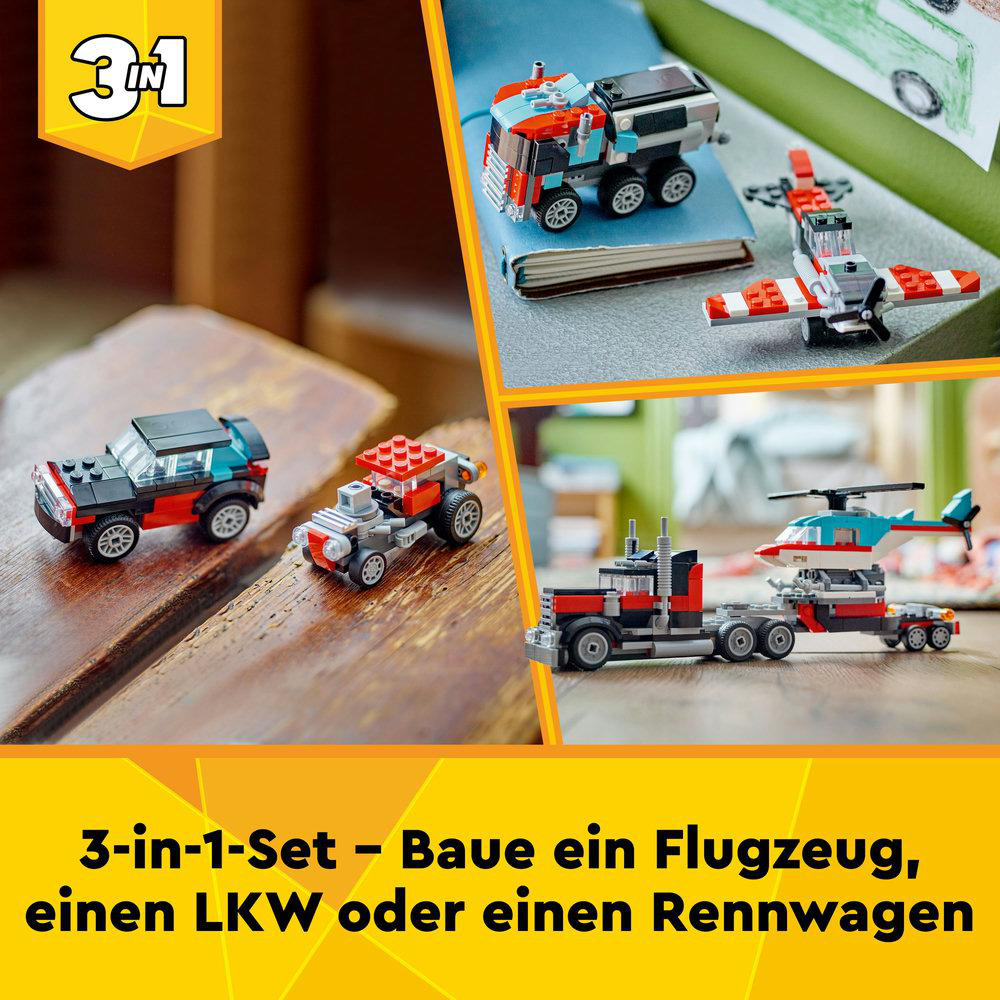 LEGO Set mit 3-in-1-Modellen: ein LKW, ein Auto, ein Flugzeug und ein Hubschrauber.