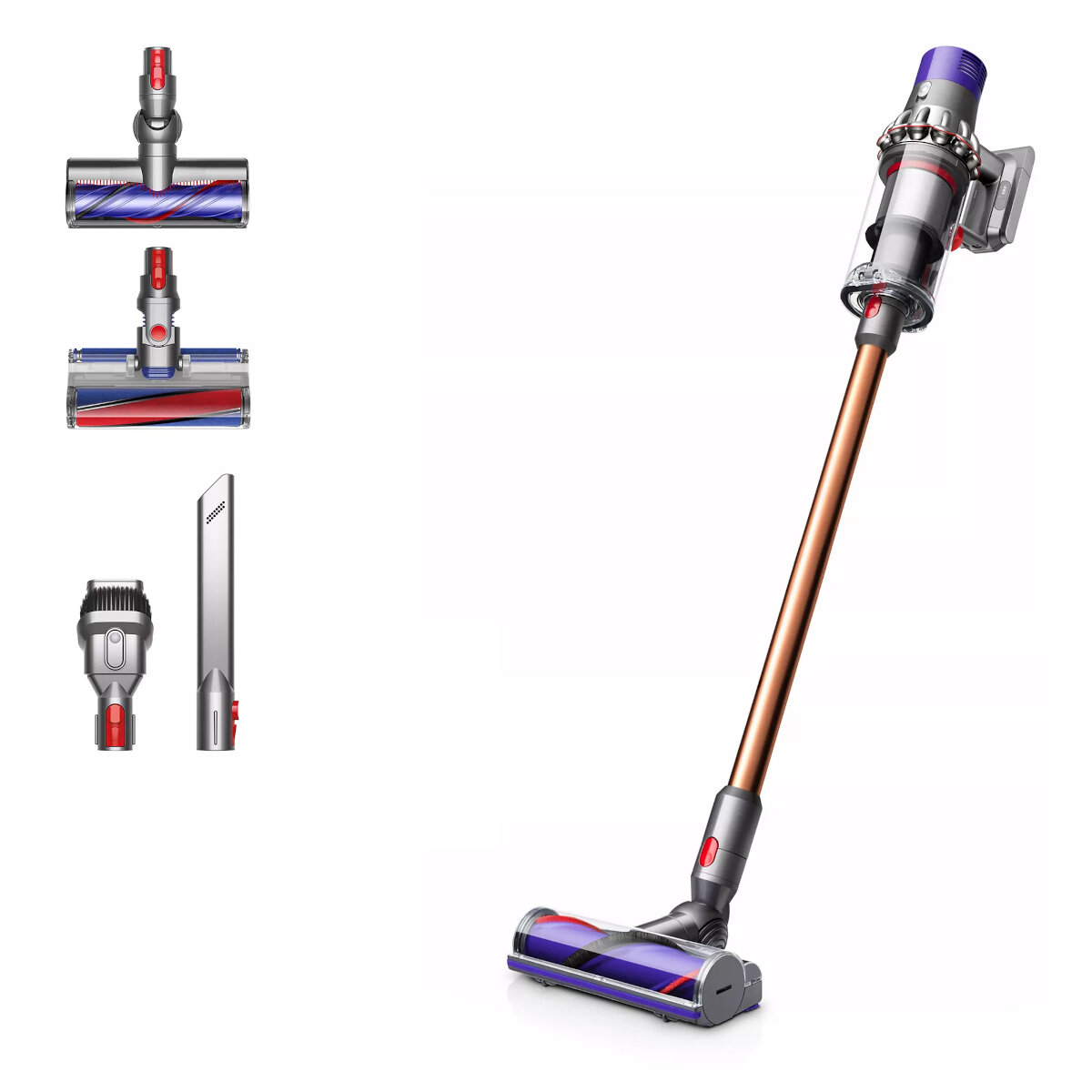 Odkurzacz Dyson z nasadkami. Brązowa rura i różne głowice. Białe tło.