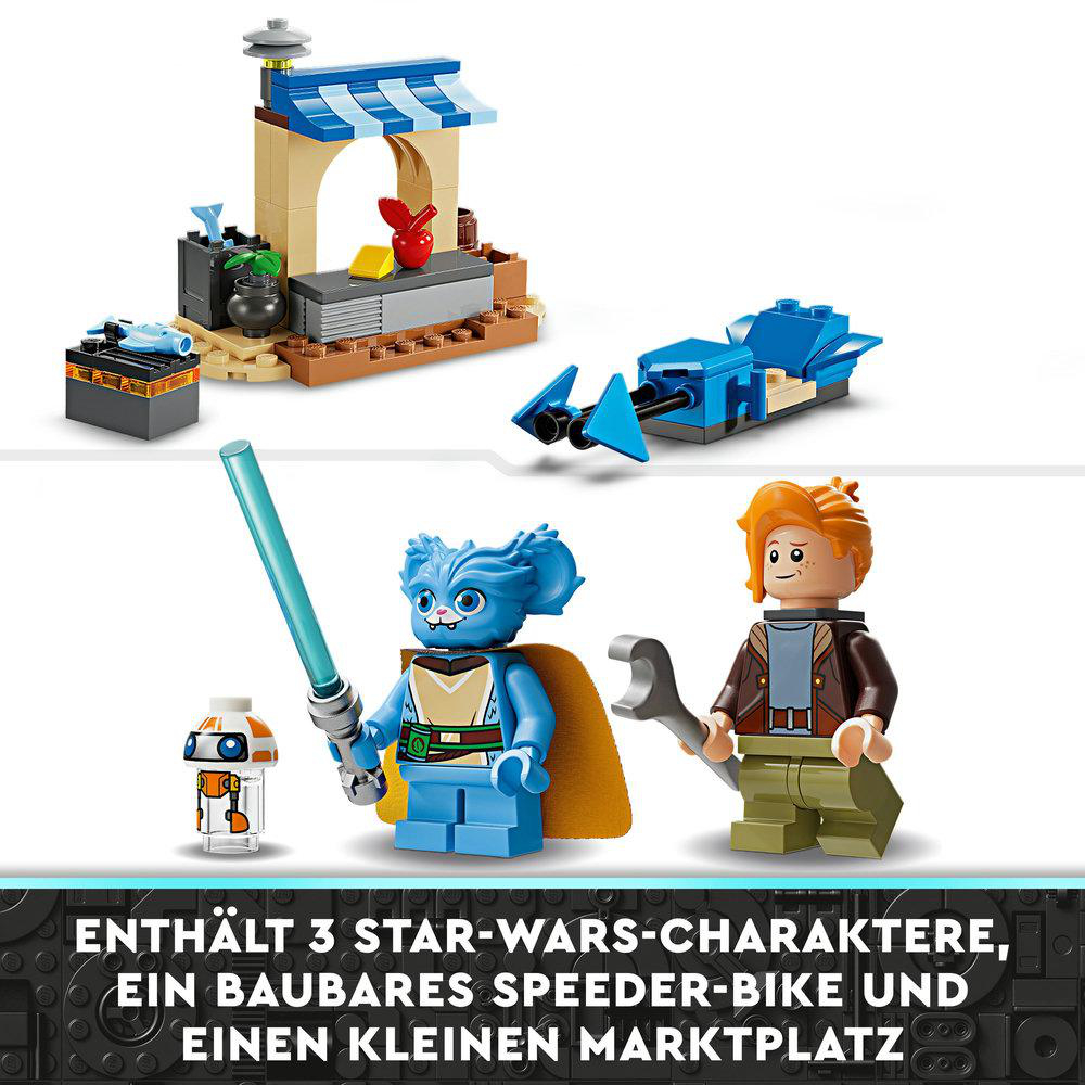LEGO-Set: drei Star Wars-Figuren, ein Speeder-Bike und ein kleiner Marktplatz.