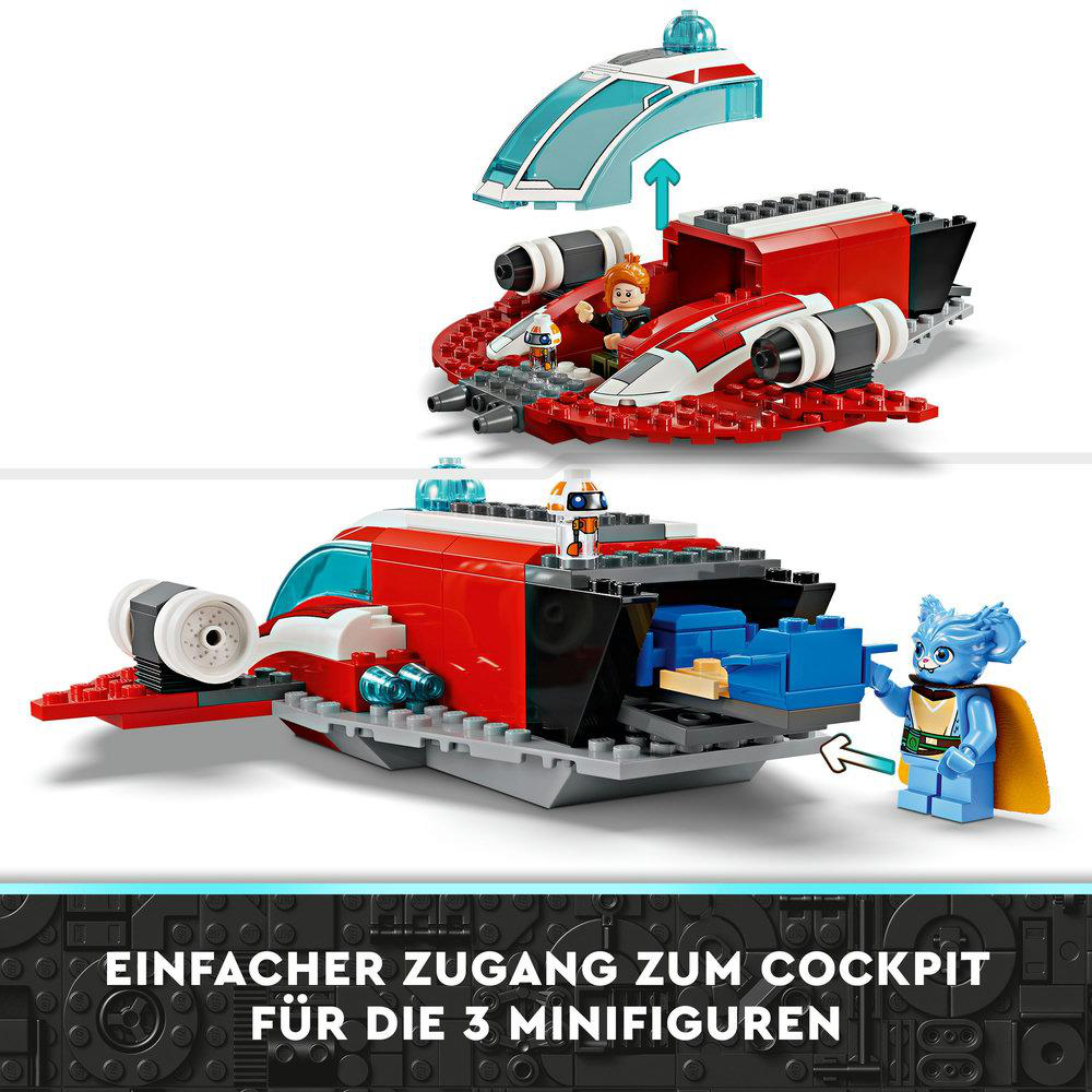 LEGO-Set mit einem rot-weißen Raumschiff. Figuren befinden sich im Cockpit und an der Seite.