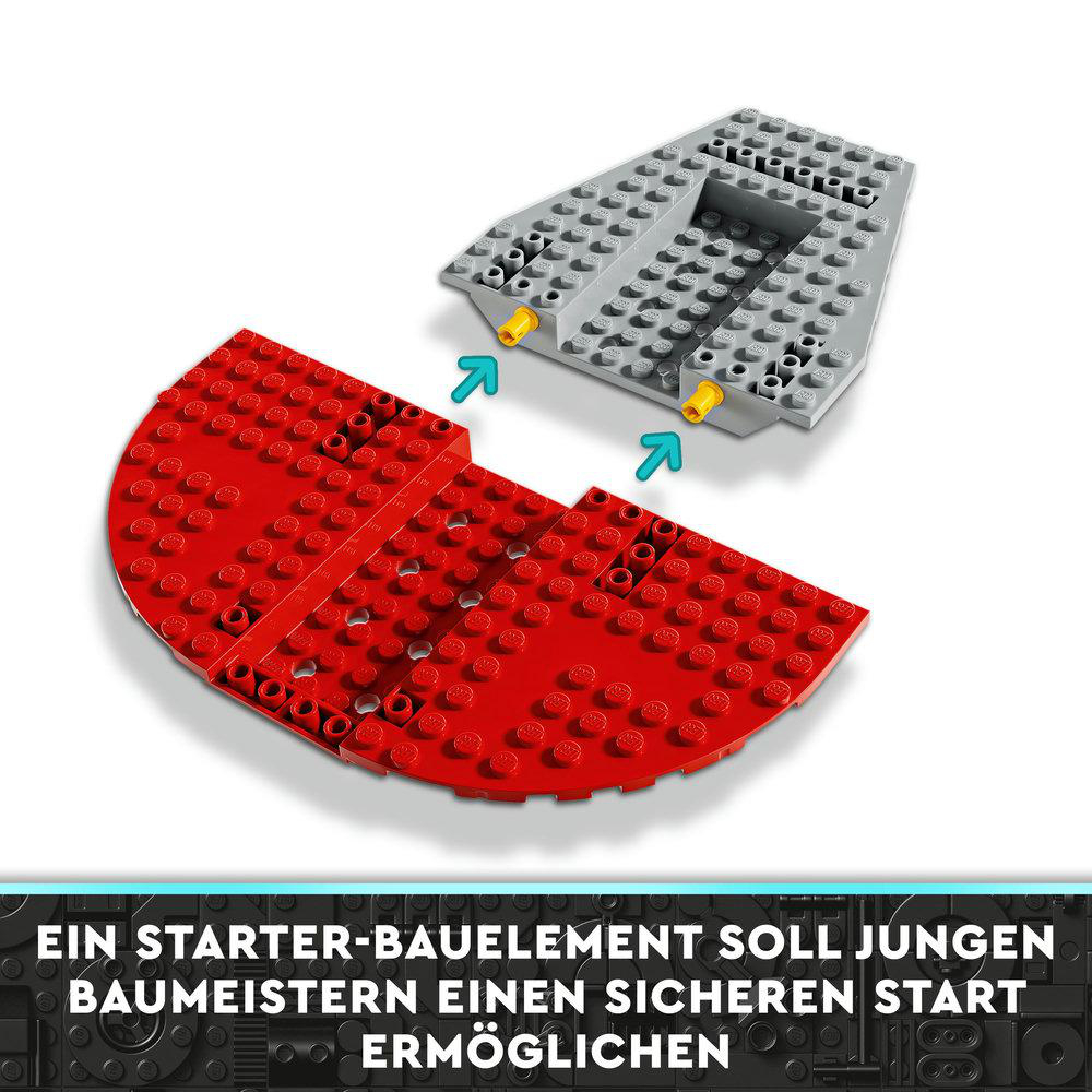 Zwei Lego-Teile: ein roter Bogen und eine graue Basis mit gelben Verbindern. Pfeile zeigen darauf.
