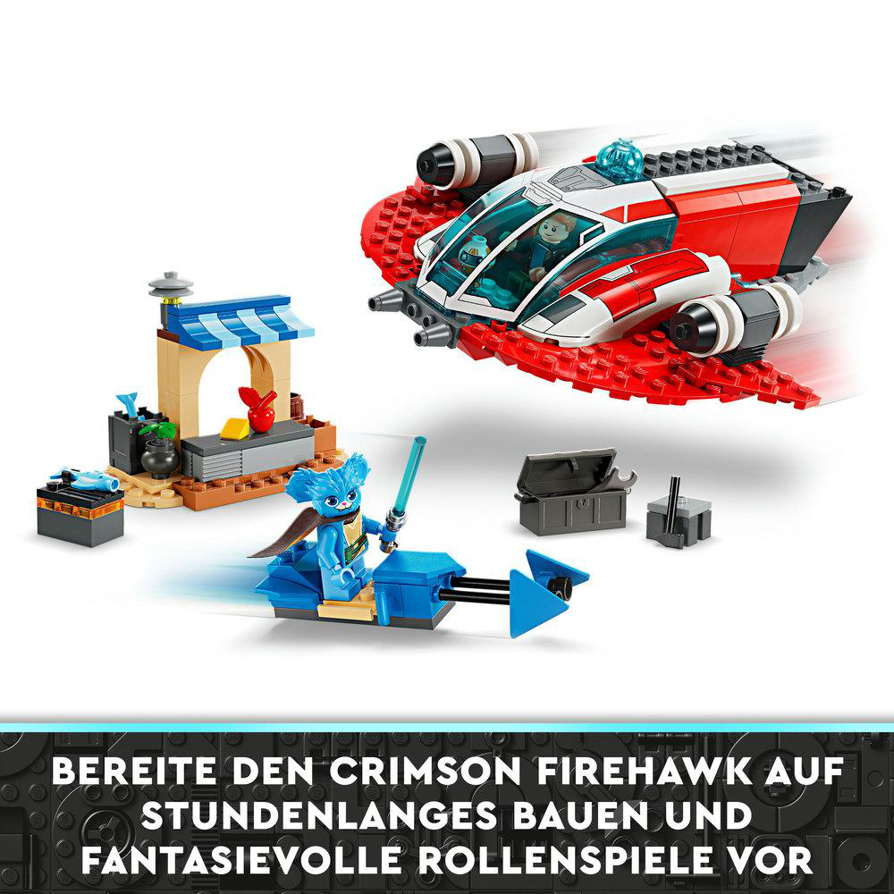 Ein rotes und weißes Raumschiff-Spielzeug mit einem blauen Alien und einem Laden, alles aus Blöcken.