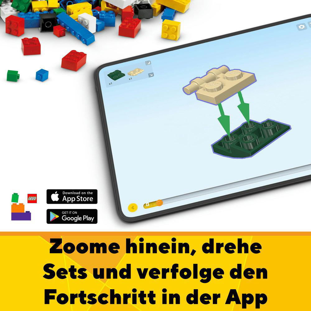 Tablet-Bildschirm mit Lego-Modellanweisungen. Text: Zoomen, drehen und Fortschritt verfolgen.
